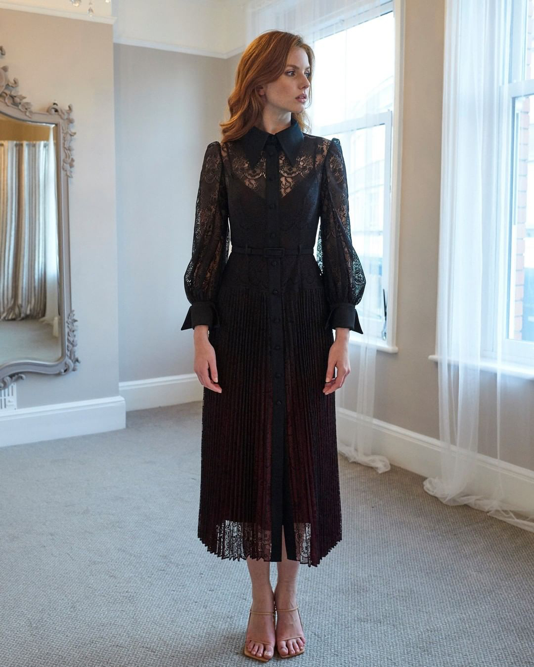 black wedding guest dress lace modest with long sleeves sassi holfold