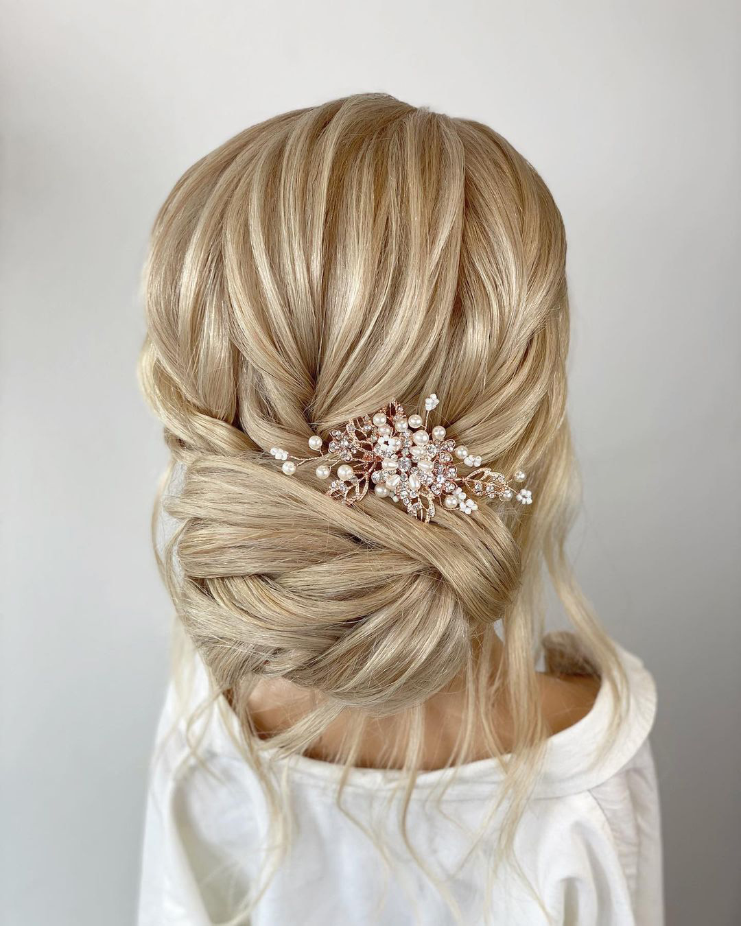 bridal barrette low bun crystals and pearls on blonde updo monamieweddinghair