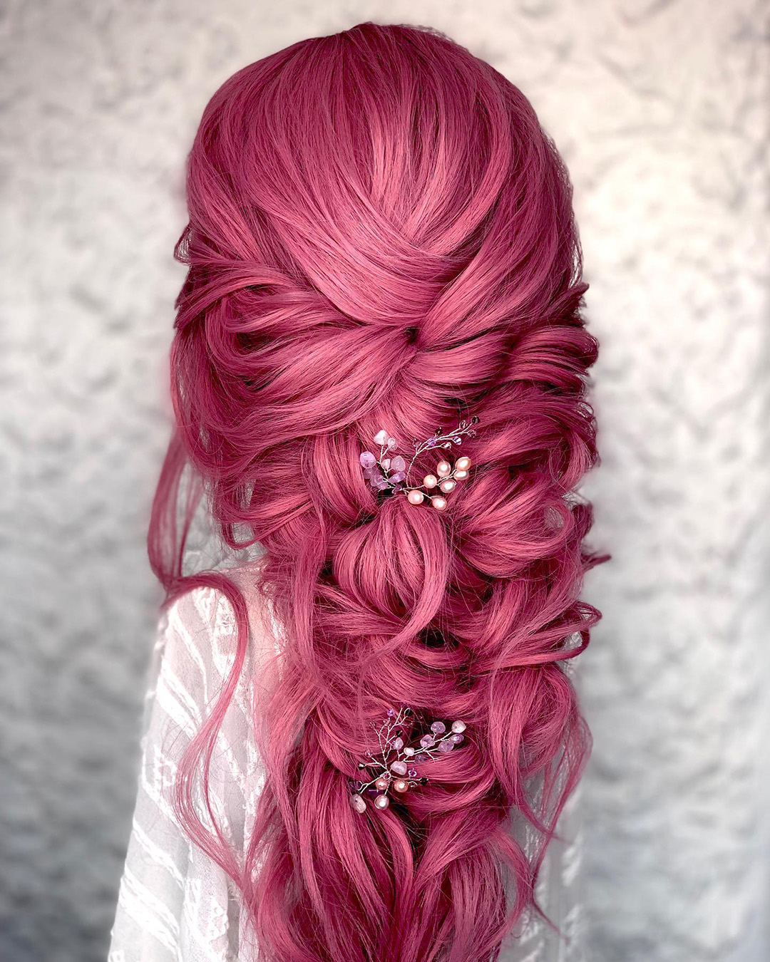 bridal hair pins cascading braid hair down with pearls clairehartleystylist