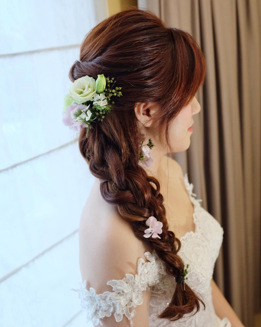 bridal hair pins flowers long braid one side christinechiamakeup