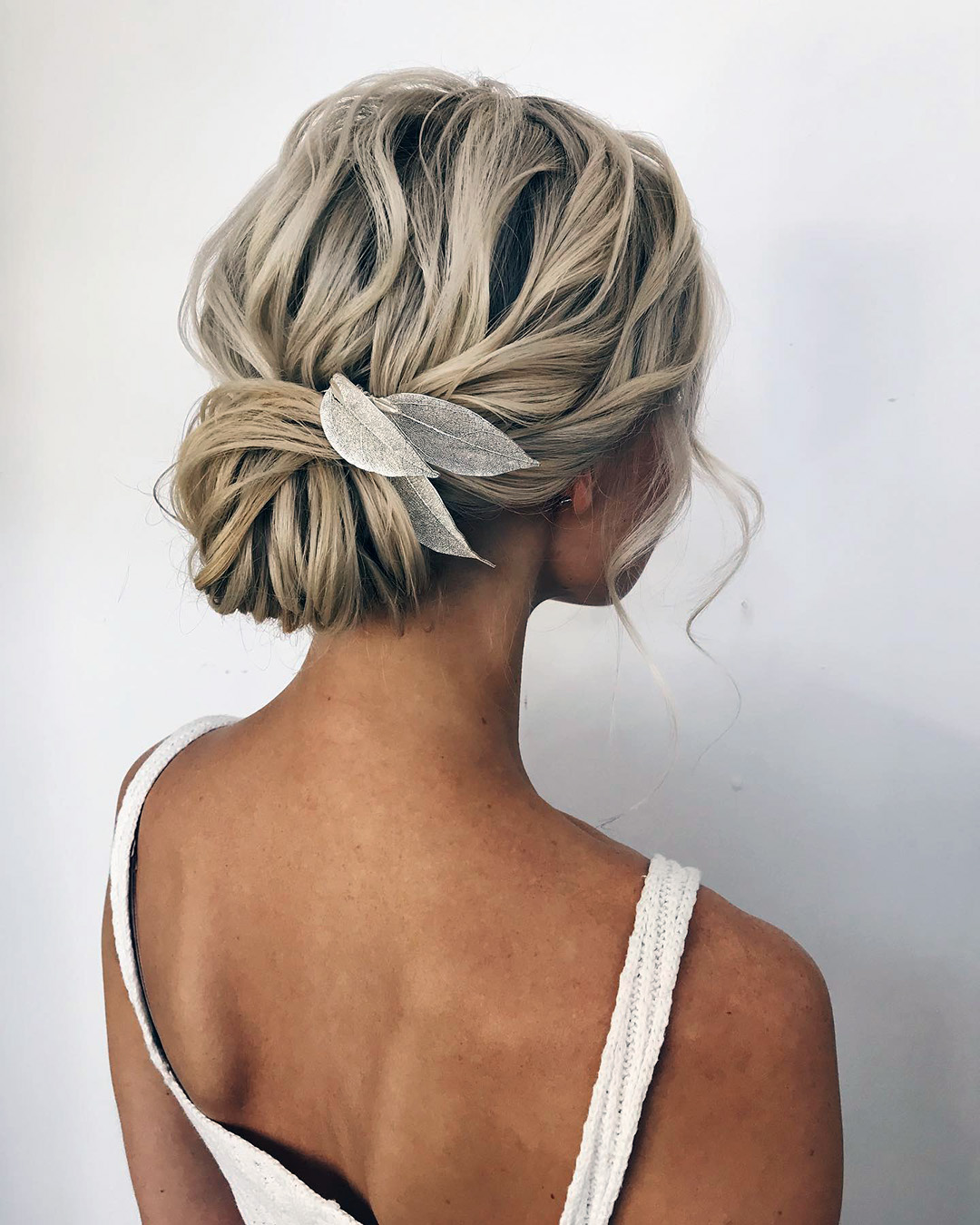 bridal hair pins low bun with white leaves sasha__esenina