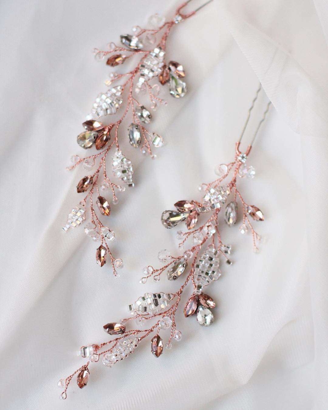 bridal hair pins rose gold pair with crystals enzebridal