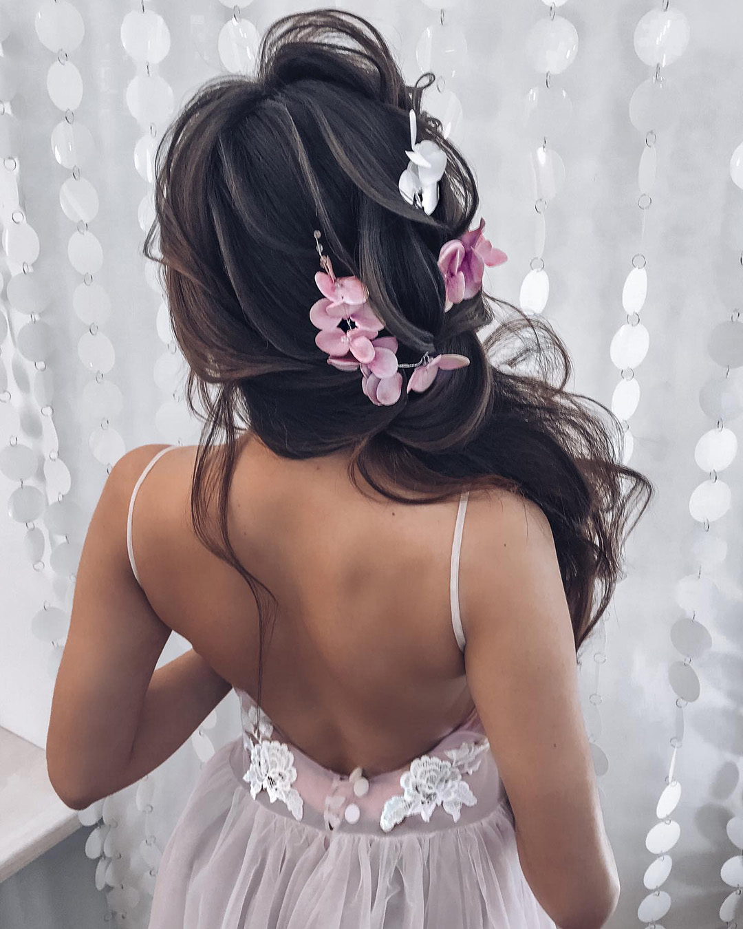bridal hair pins side swept hair down with pink flowers art4studio
