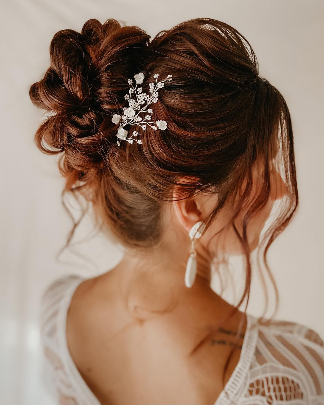 bridal hair pins simple with white beads on messy bun bohobeautybox