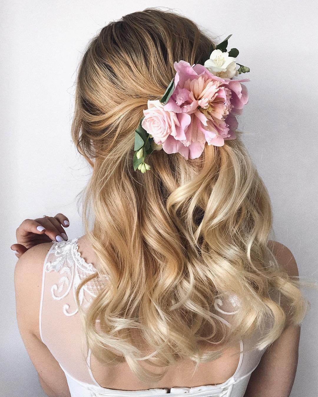 bridal hairpiece blonde simple half up with pink flowers samoylenko_makeup