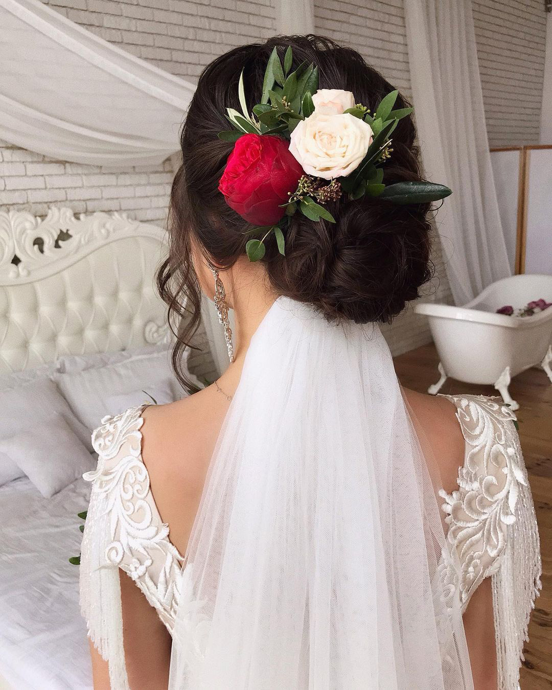 bridal hairpiece low bun with flowers and vine samoylenko_makeup
