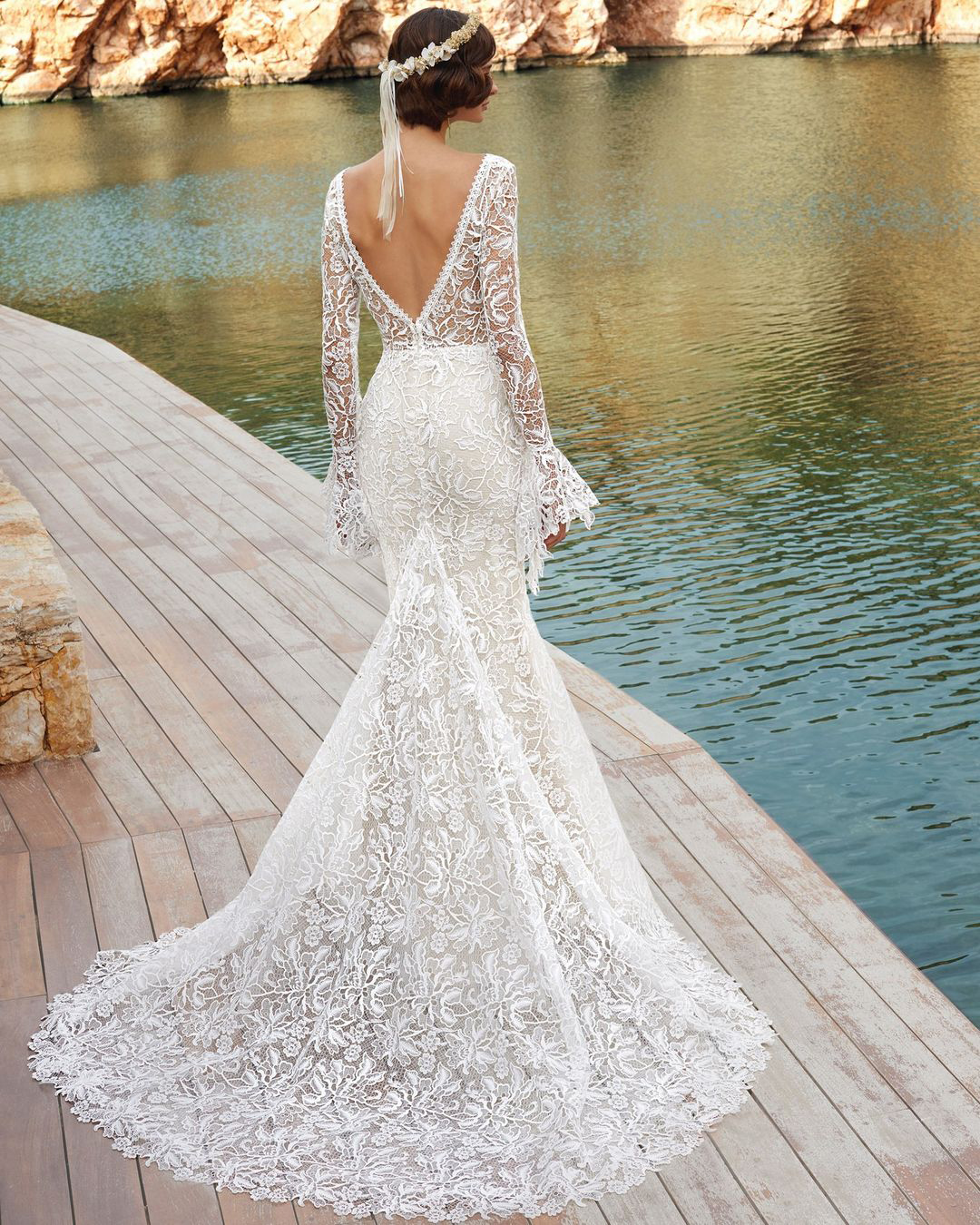 long sleeve wedding dresses fit and flare boho lace v back demetriosbride