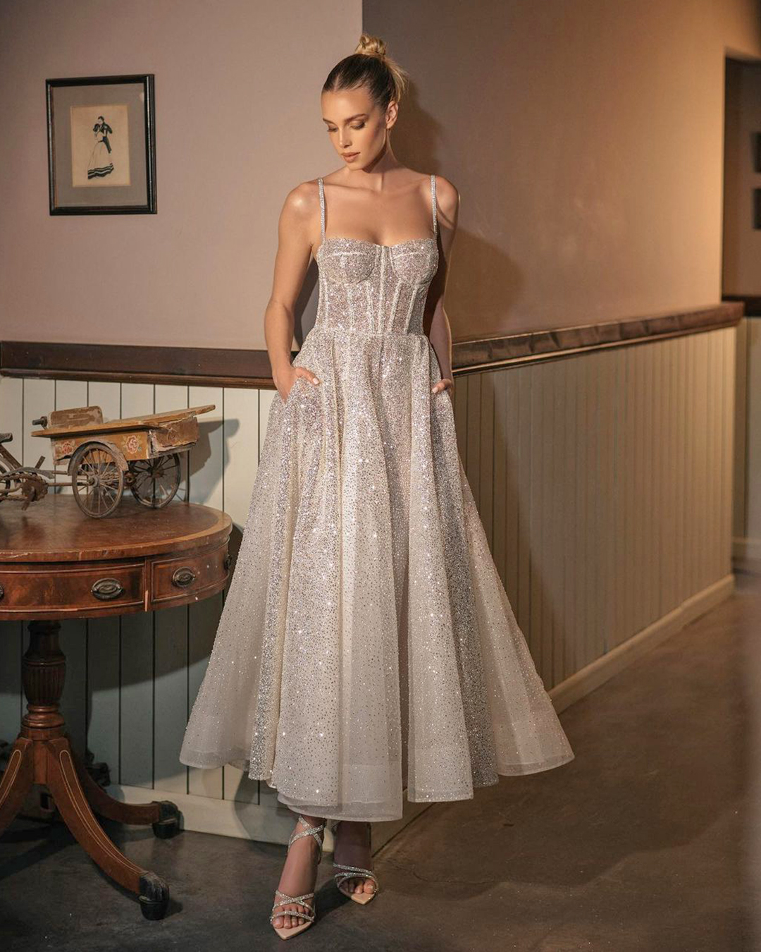 tea length wedding dresses sweetheart neckline with spaghetti straps sequins berta