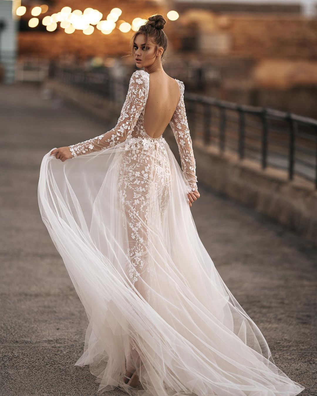 wedding dress designers lace with long sleeves backless berta