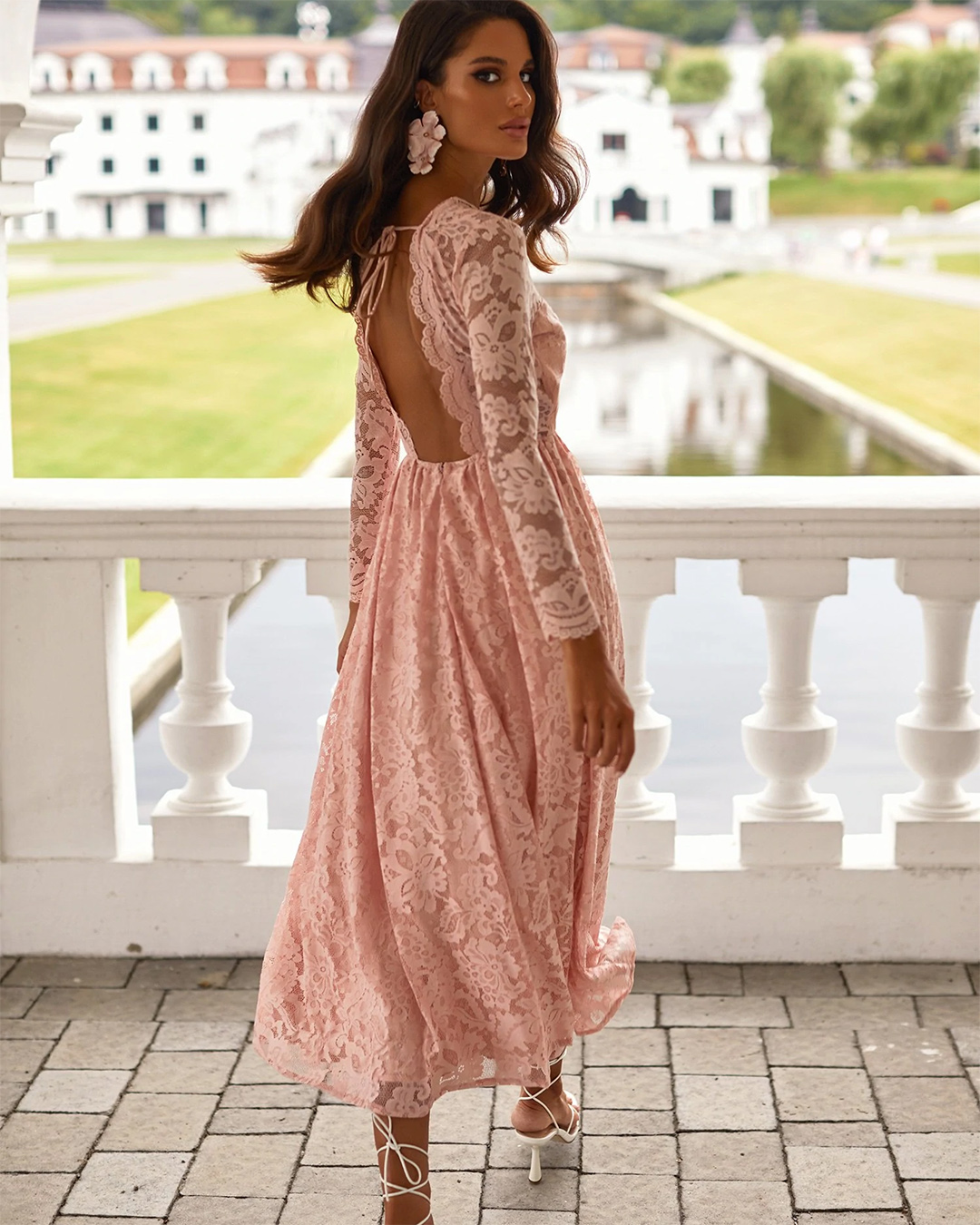 wedding guest outfit lace with long sleeves pink alamour