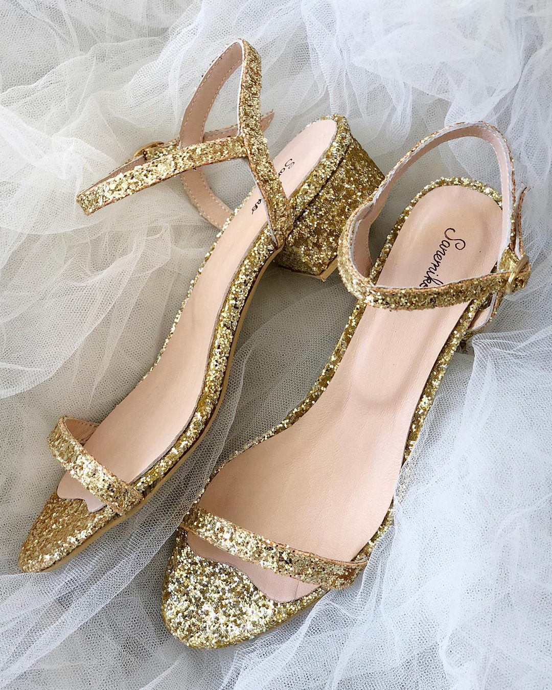 wedding shoes low heel sandals gold sequins sanemiko