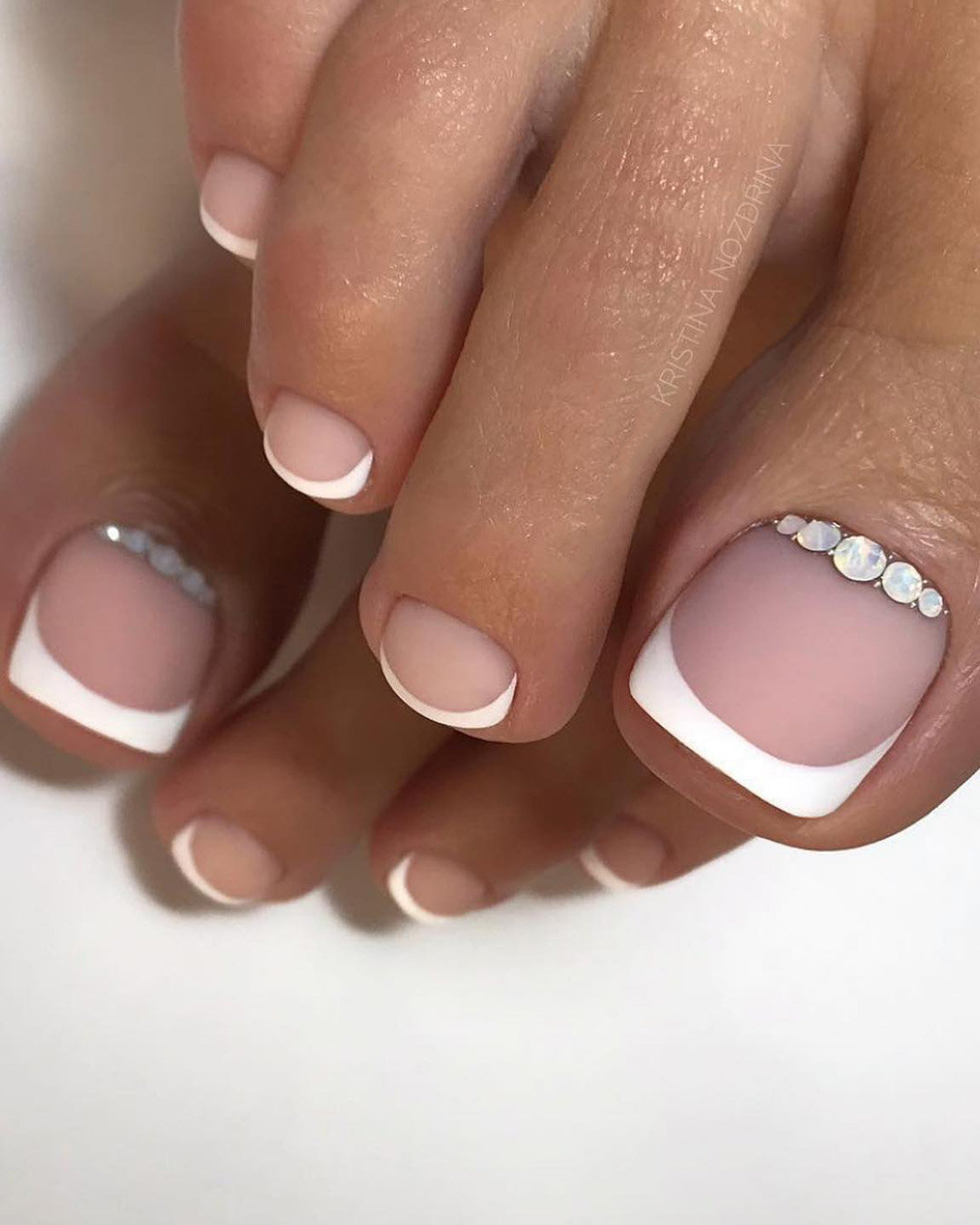 wedding toe nails french design matte with rhinestones kristina_nozdrina