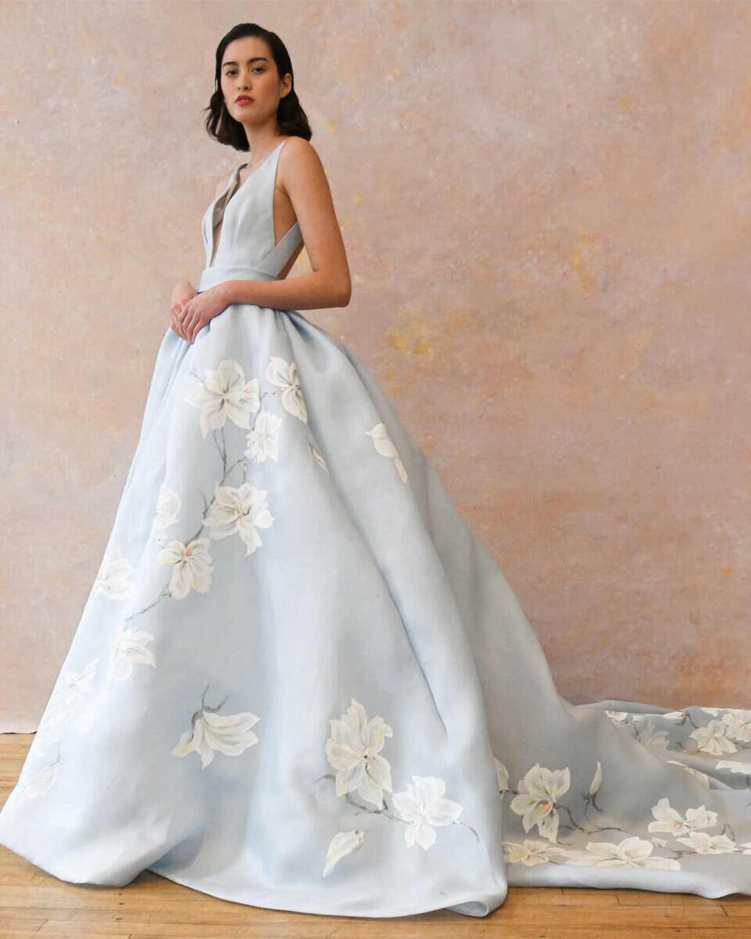ball gown wedding dresses v neckline with train light blue ines di santo