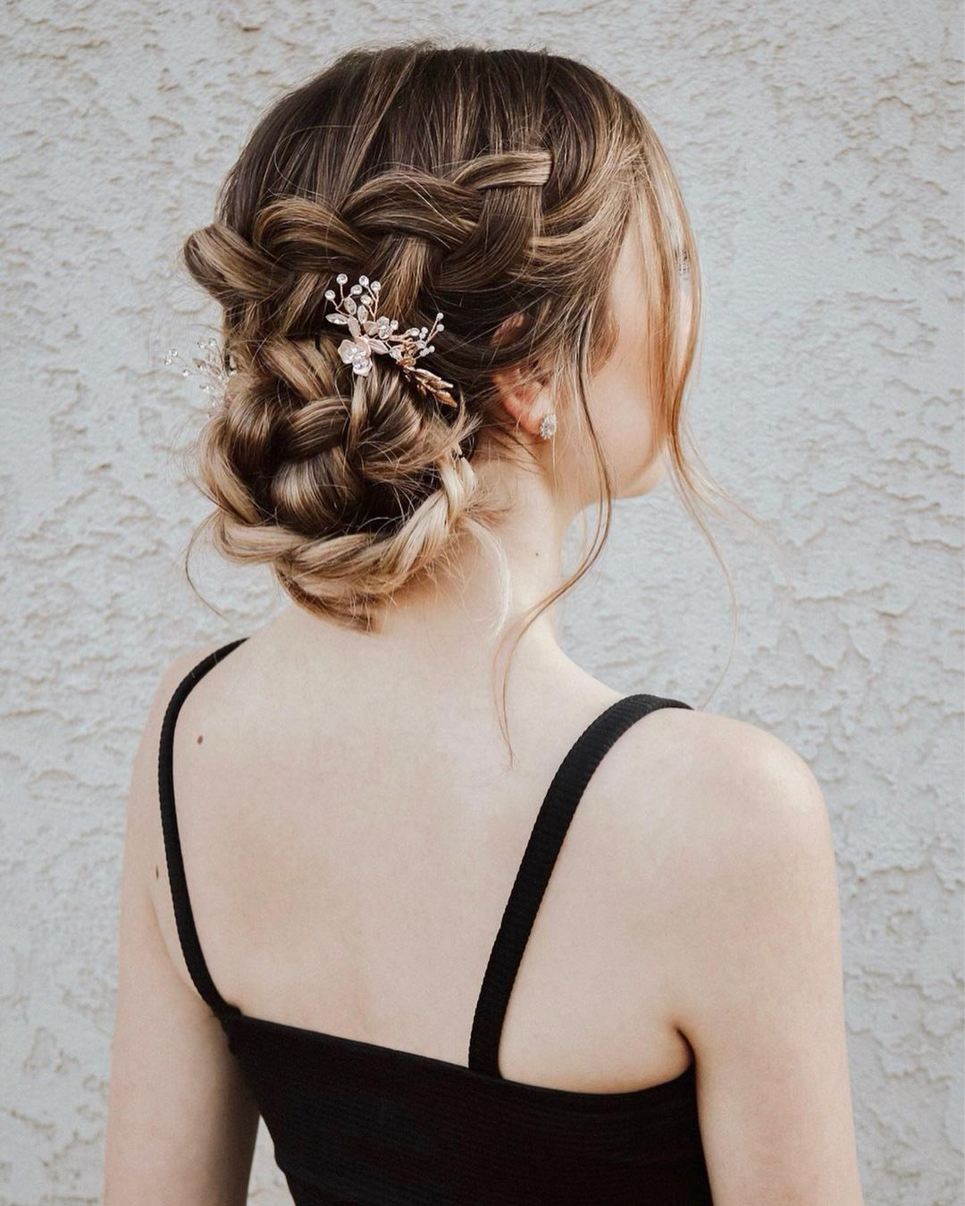beach wedding hairstyles braided updo with pin rebecca.murphy.beauty