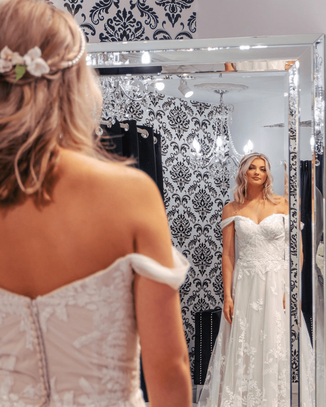 best bridal shops in new jersey bride looking at the mirror
