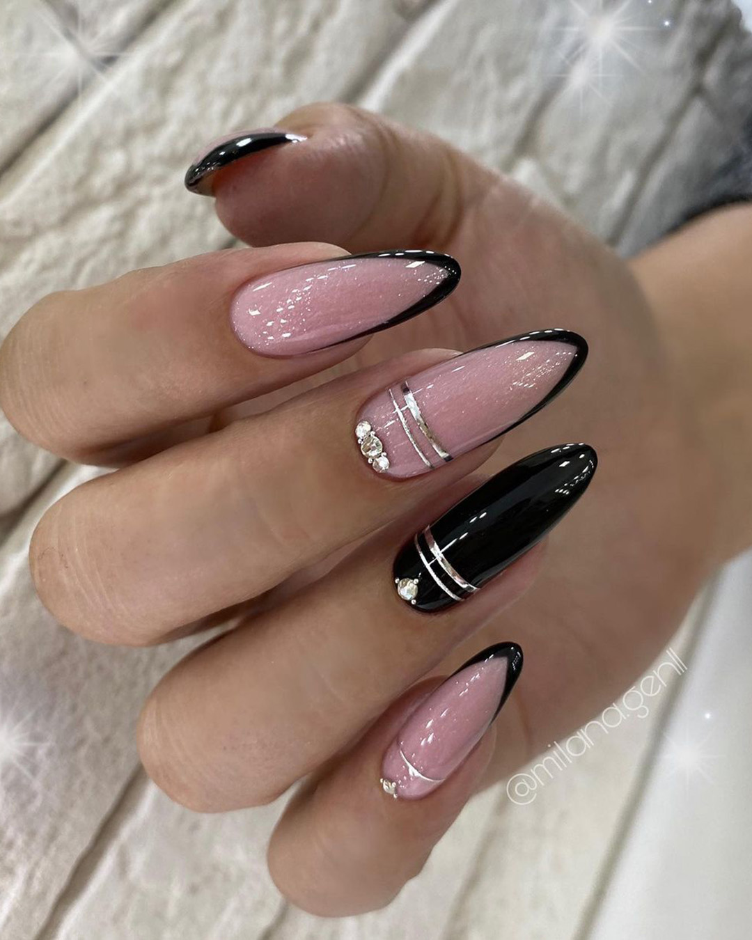 black wedding nails with pink french and silver rhinestones milana.gen11