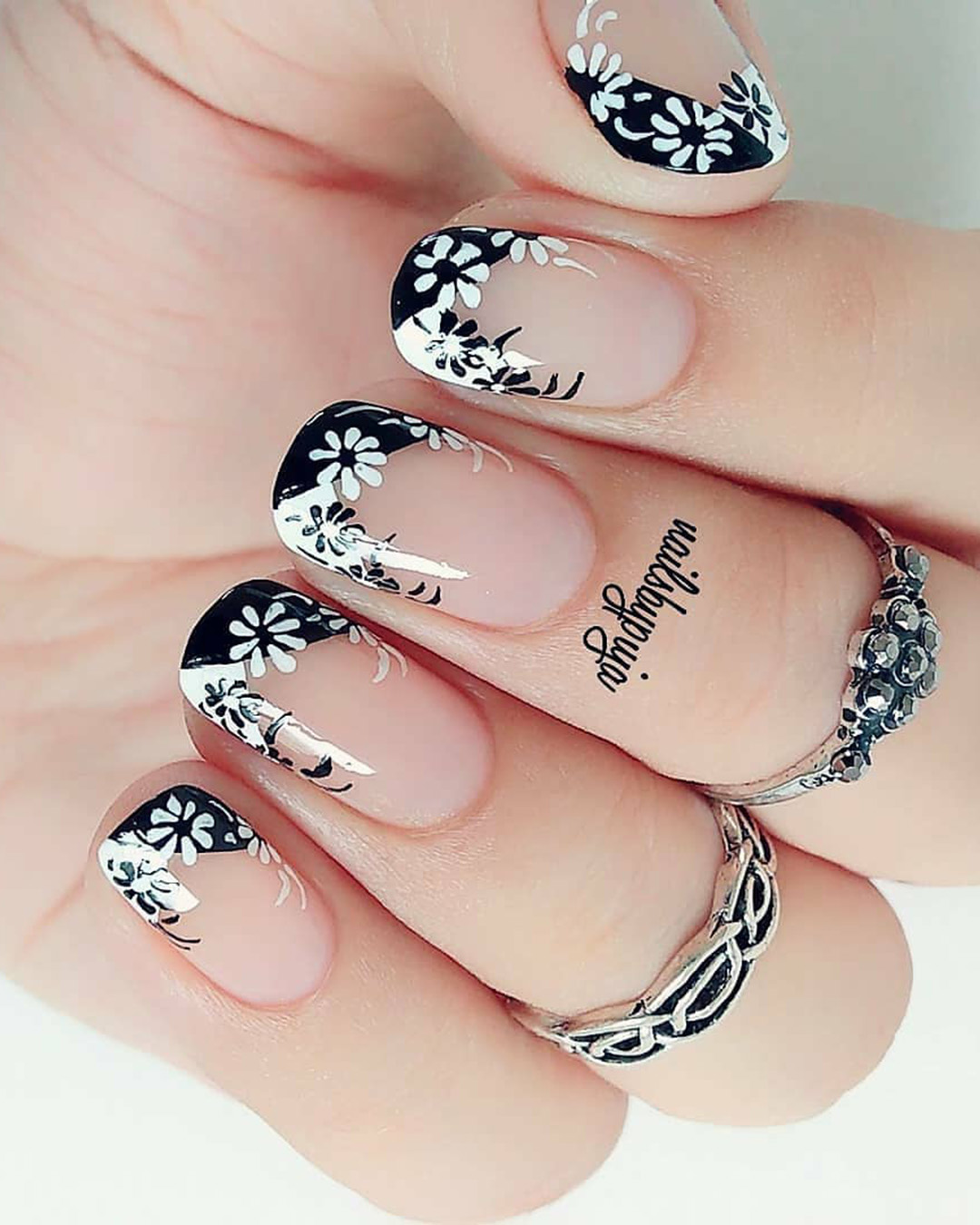 black wedding nails with white and flower french tip nailsbypuja
