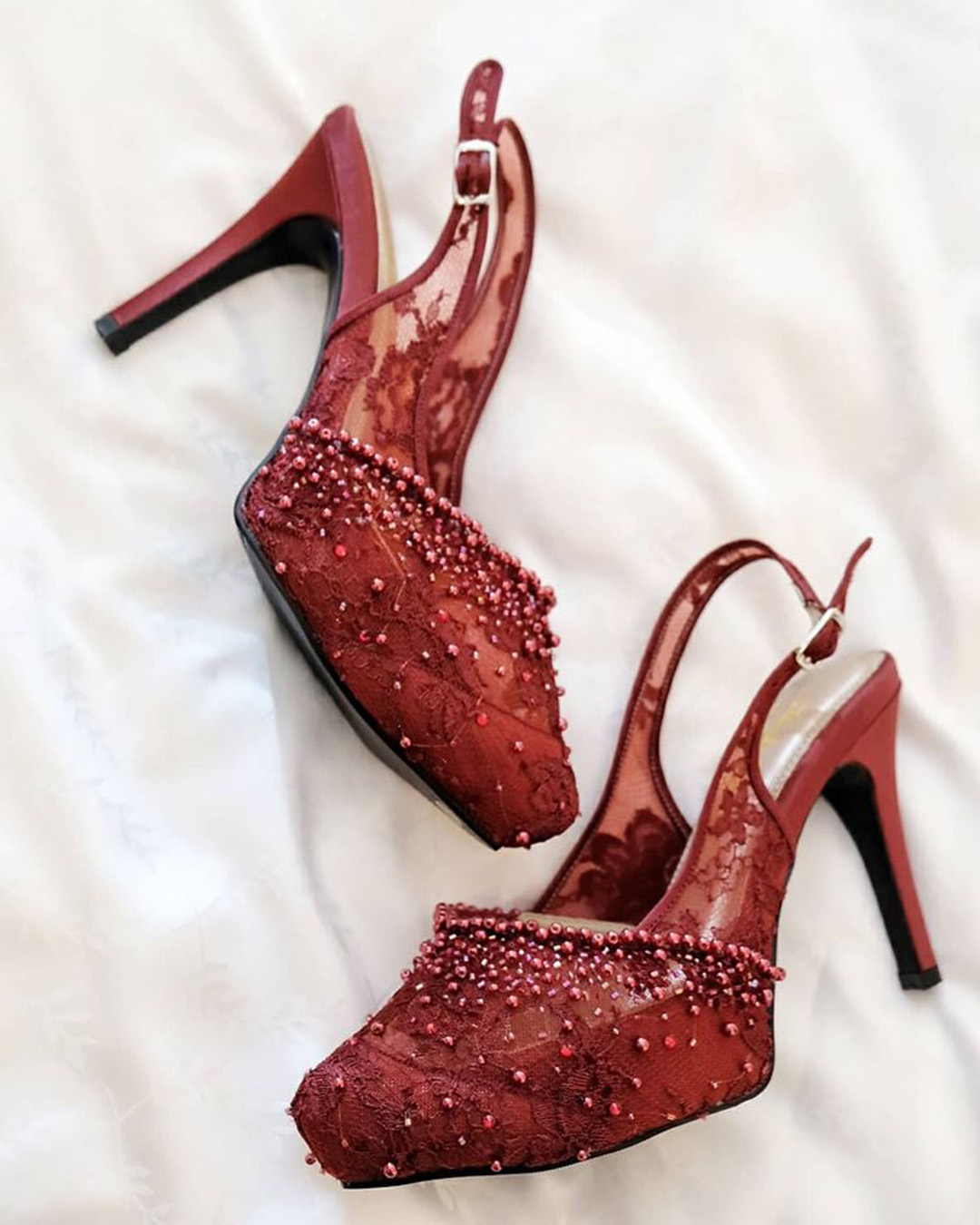 burgundy wedding shoes lace with beads high hill brideseries