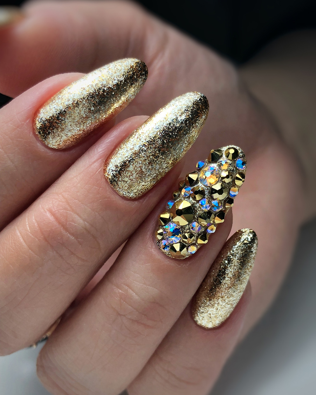 classy wedding nails gold glitter and rhinestones tatyana_kor
