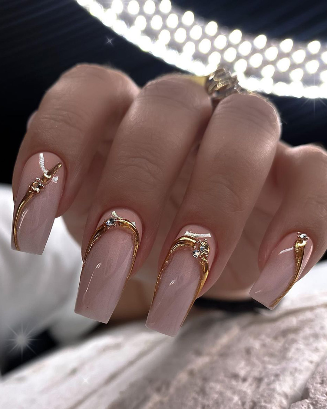 classy wedding nails long pink gloss with gold milana.gen11