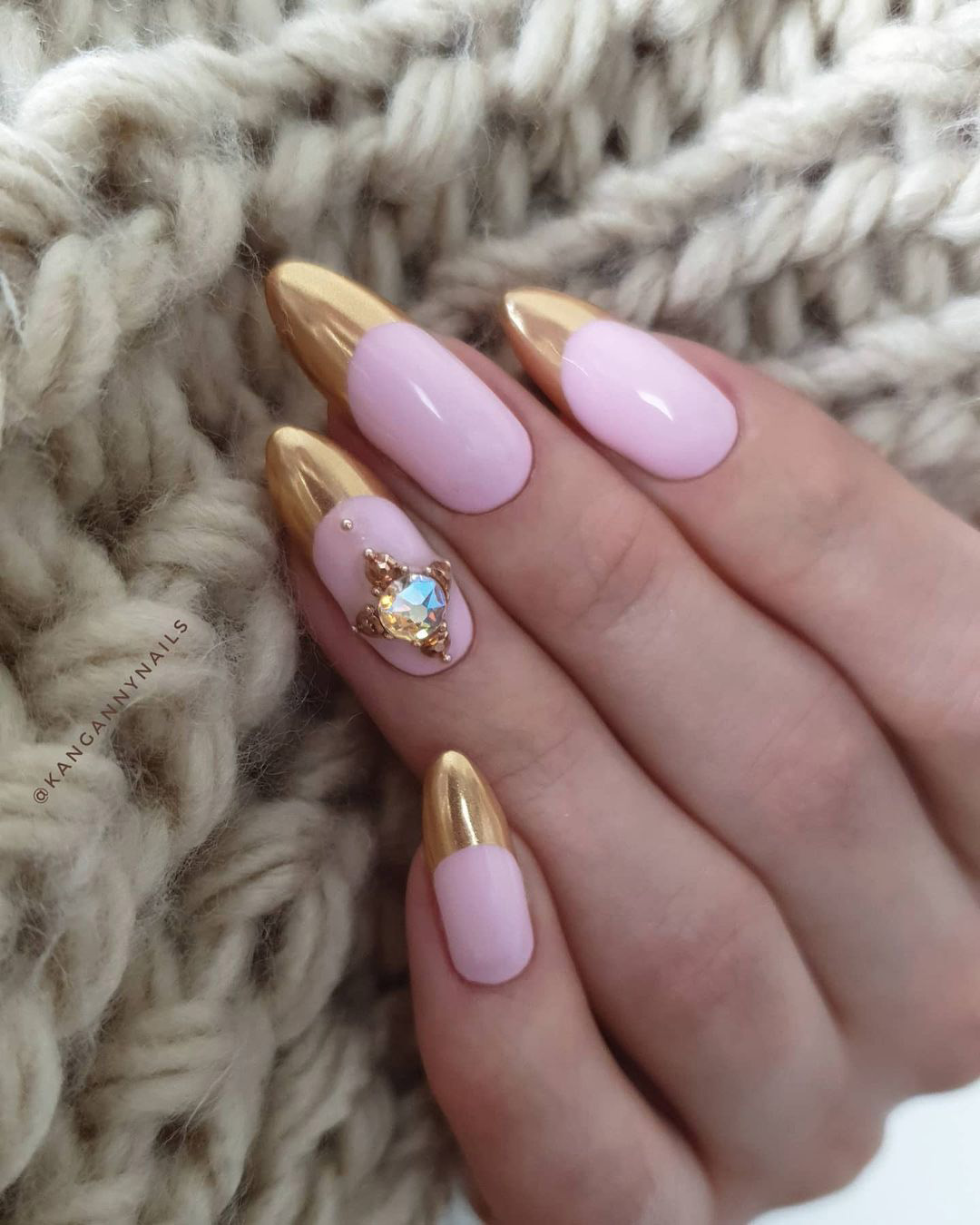 classy wedding nails pink with gold french tip kangannynails