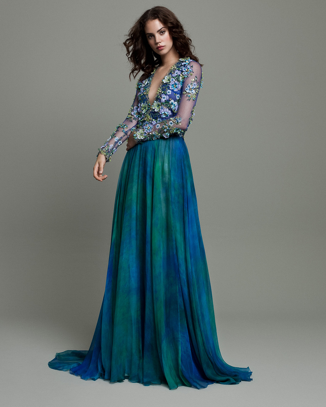 colourful wedding dresses a line ombre green navy long sleeves floral appliques daalarna