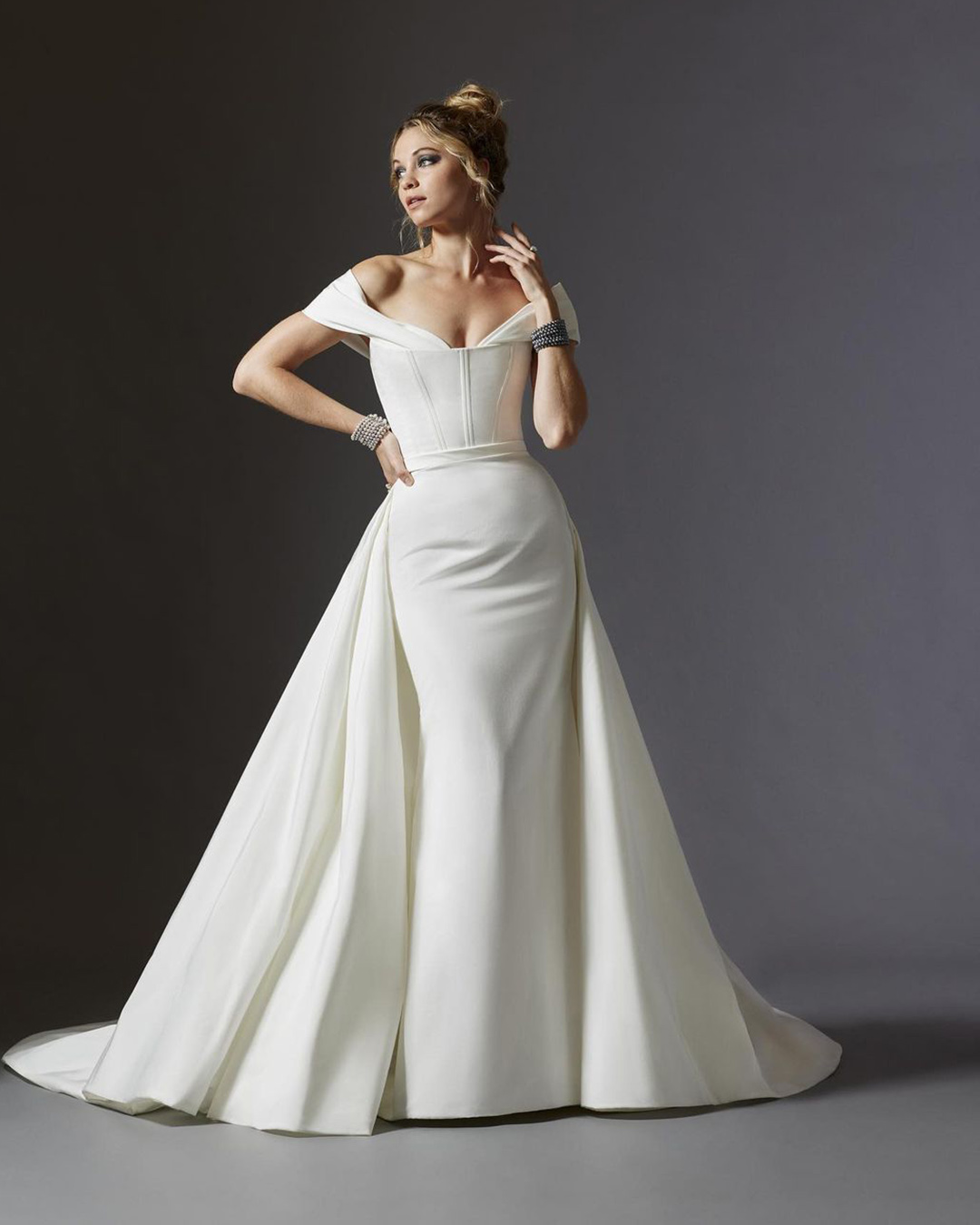 convertible wedding dress simple with overskirt lazarobridal