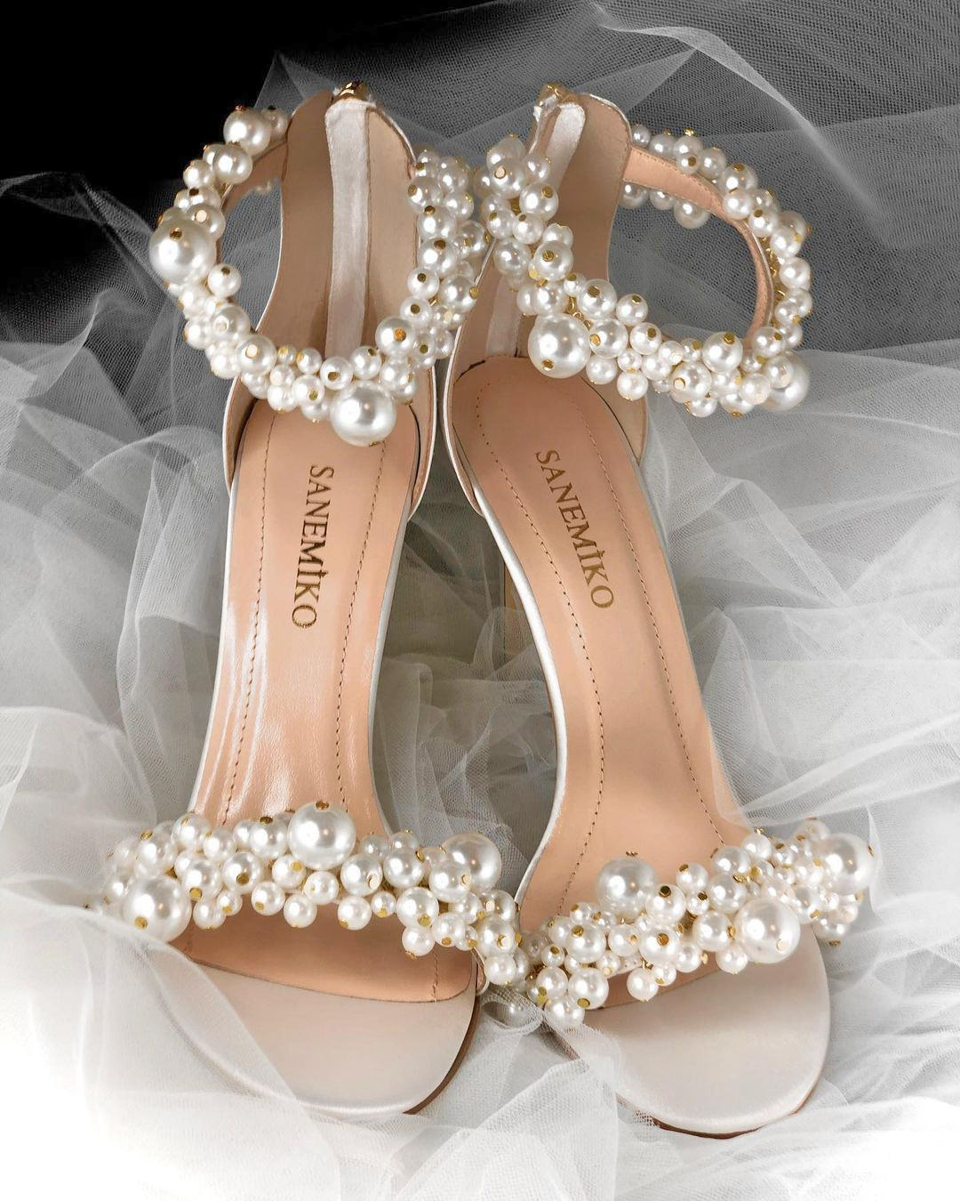 designer wedding shoes heels pearls ankle straps sanemiko