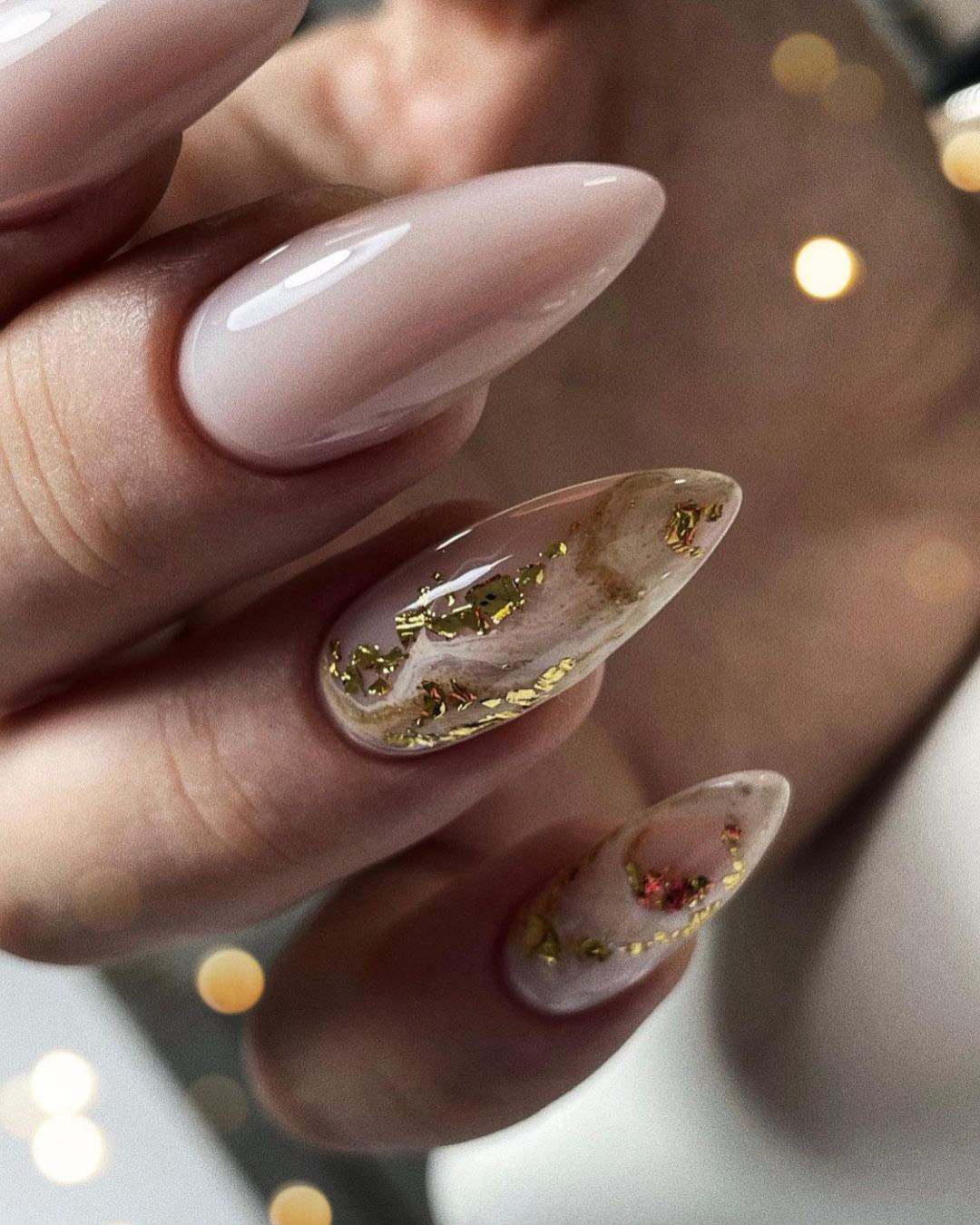 fall wedding nails long beige pink with gold tatyana_kor