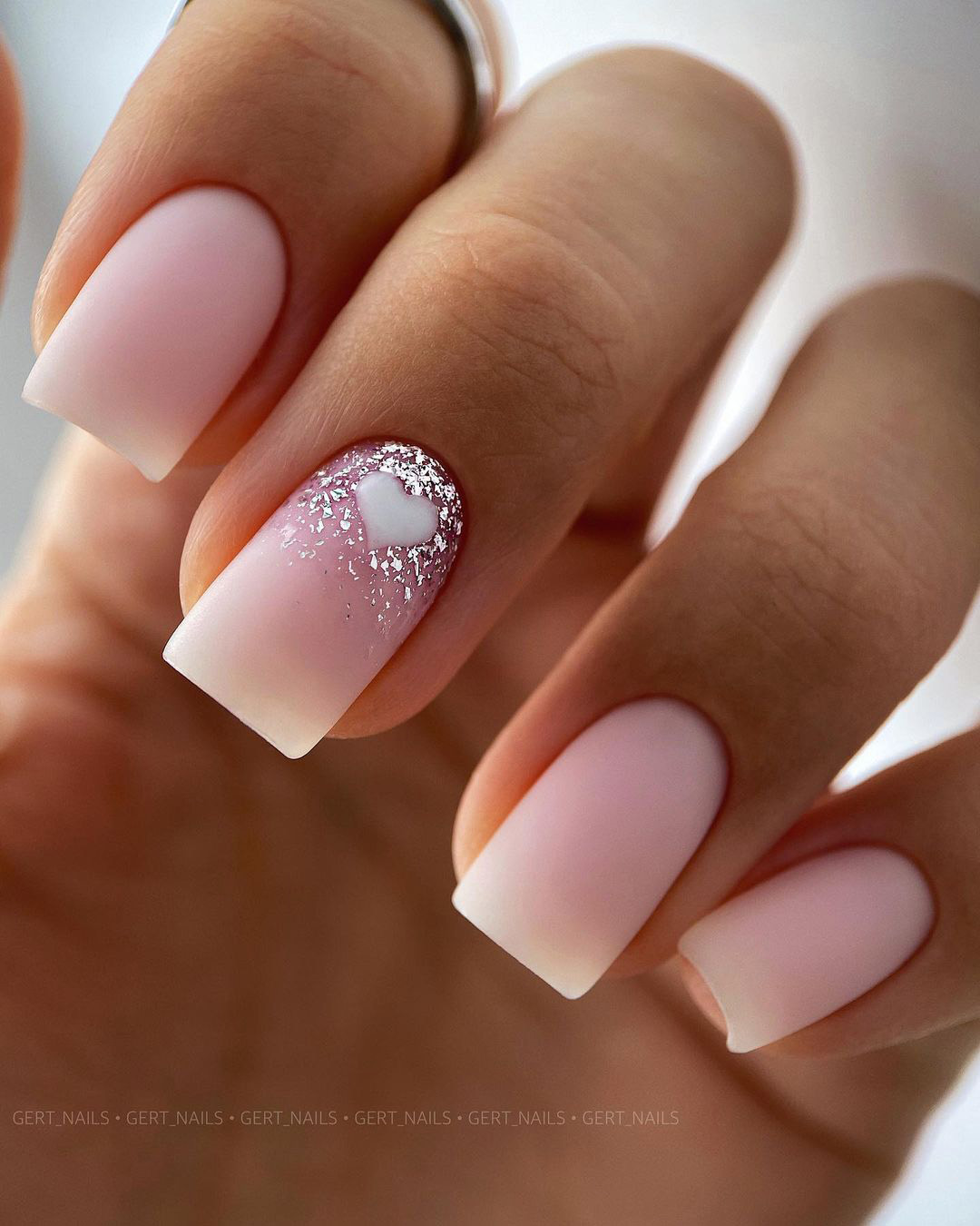 fall wedding nails matte pink with white heart and glitter gert_nails