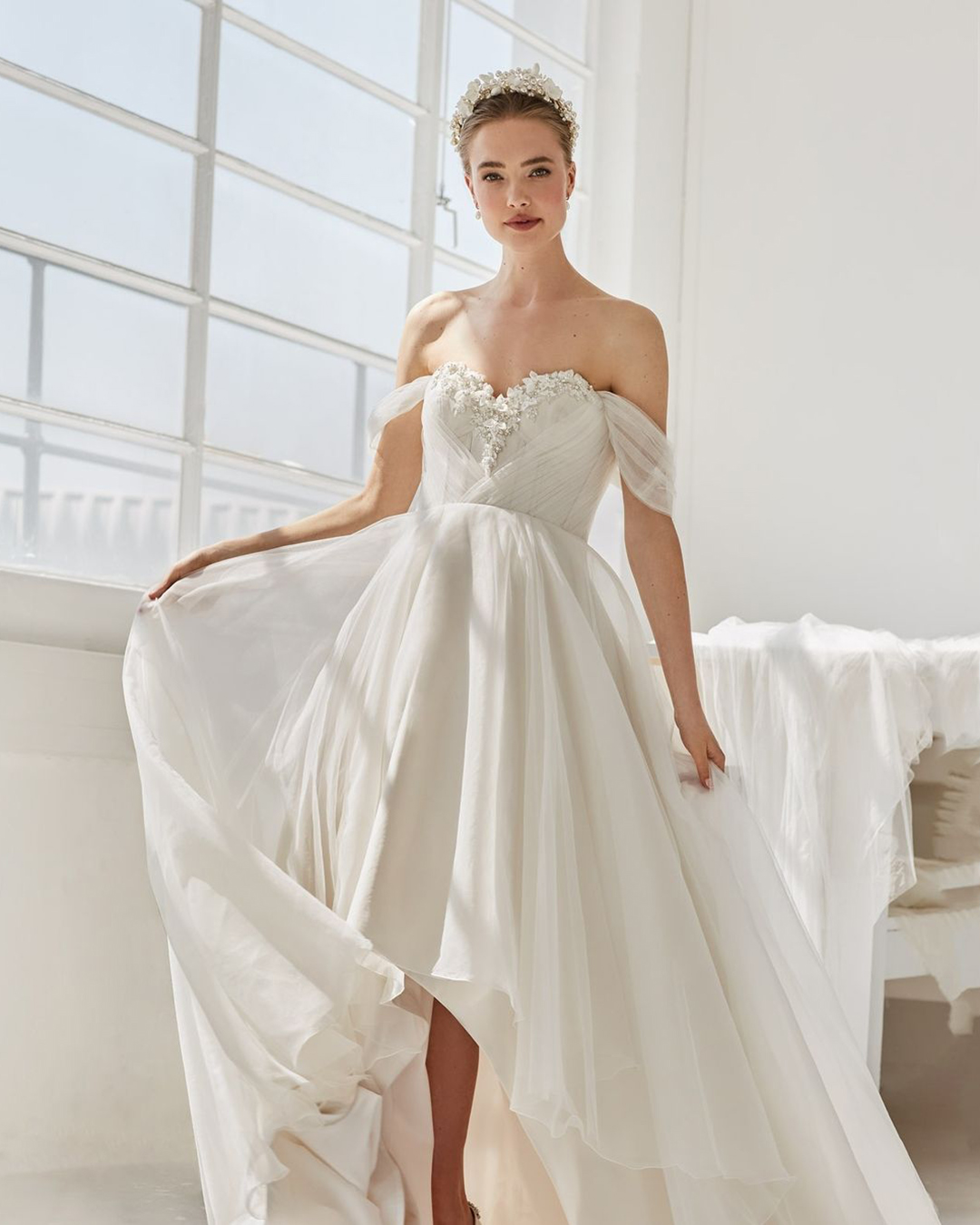 high low wedding dresses corset whit off the shoulder ellisbridals