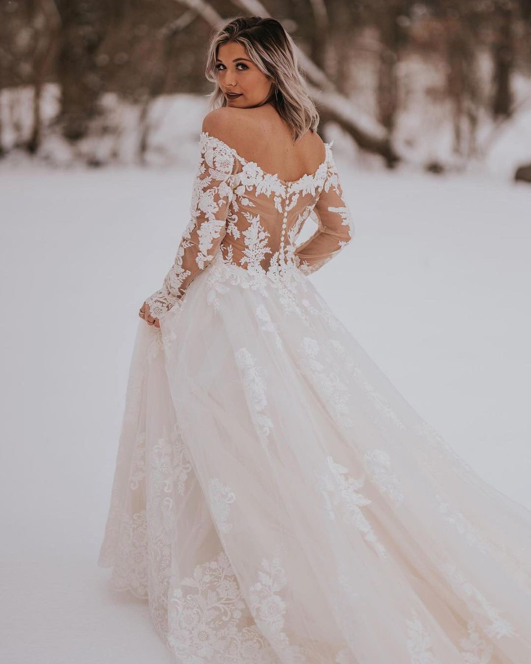 lace winter wedding dresses outfits long sleeves a line off the shoulder morilee