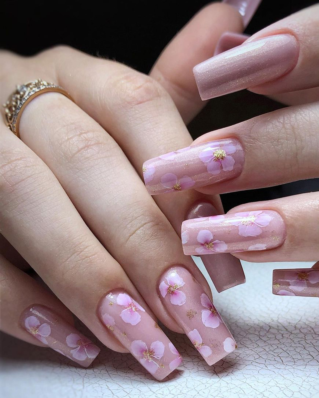 nude wedding nails with painted rose flowers tatjana_ost