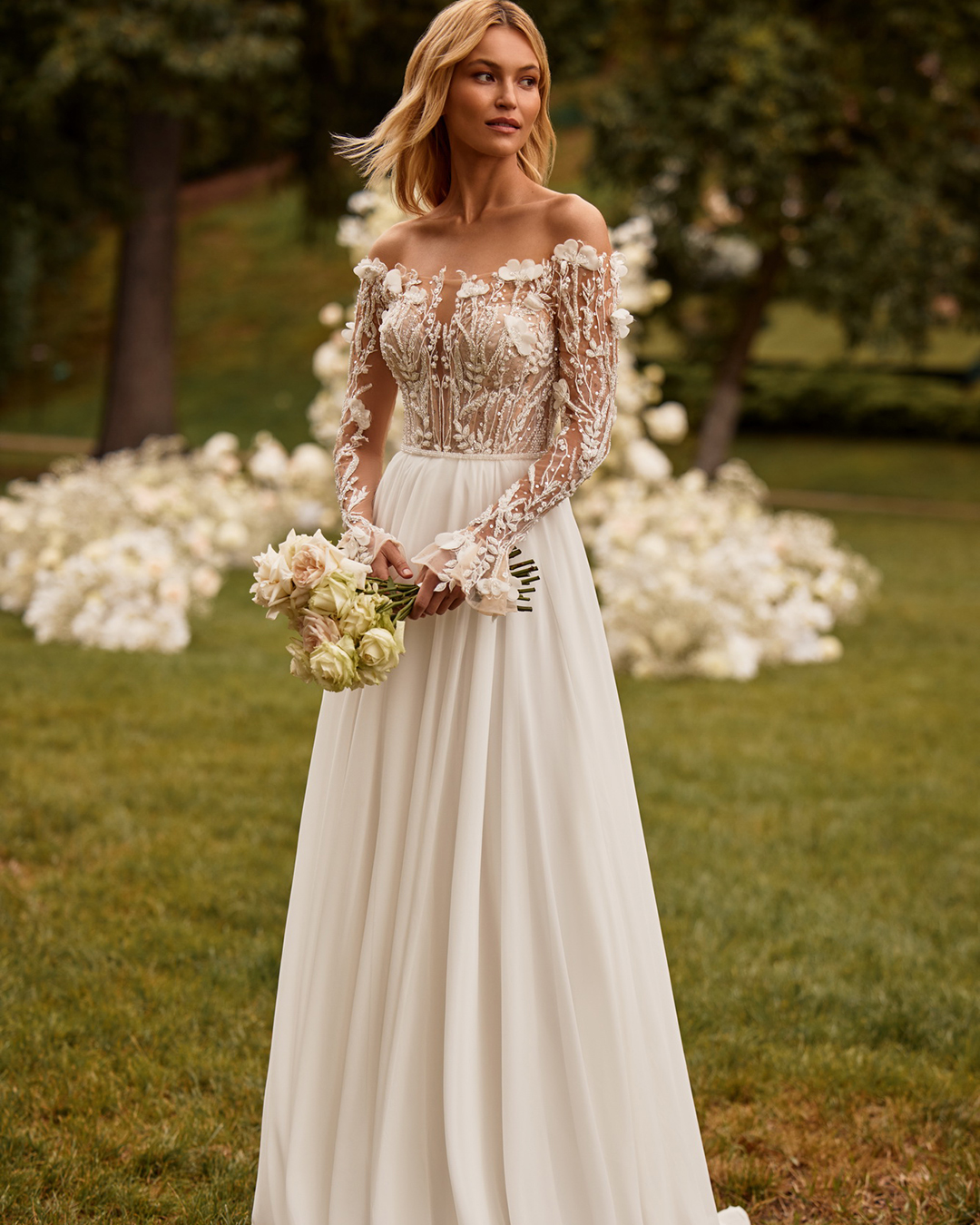 off the shoulder wedding dresses a line with long sleeves boho luce sposa