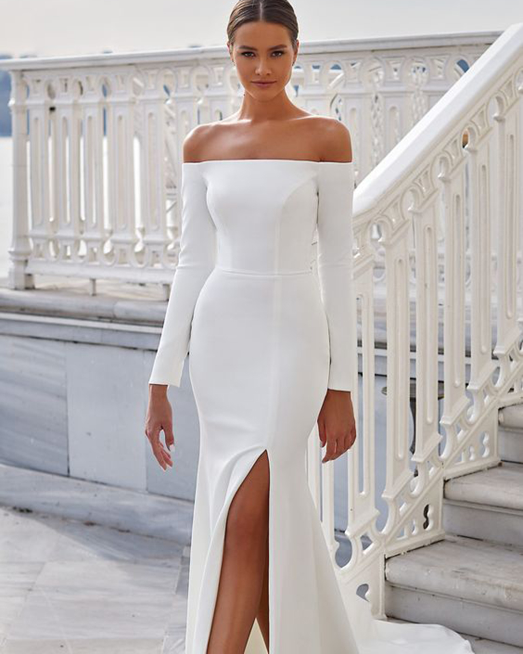 off the shoulder wedding dresses simple with sleeves with slit milla nova