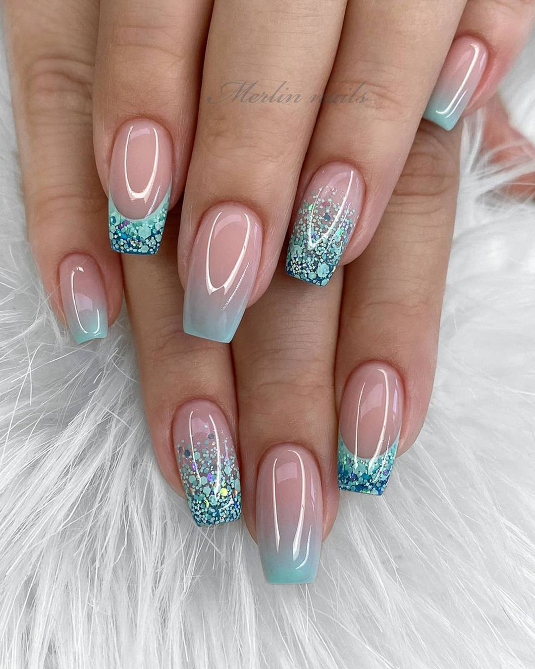 ombre wedding nails blue nude with french and glitter merlin_nails