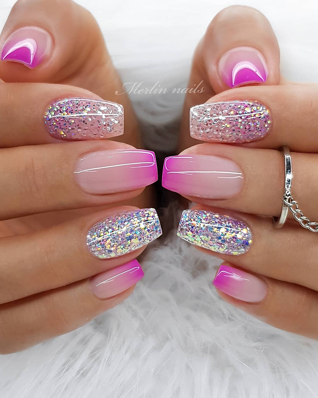 ombre wedding nails bright pink with glitter merlin_nails
