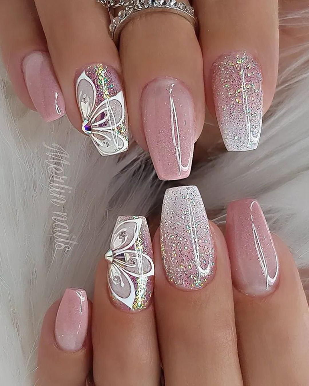 ombre wedding nails glittered pink white with flowers merlin_nails