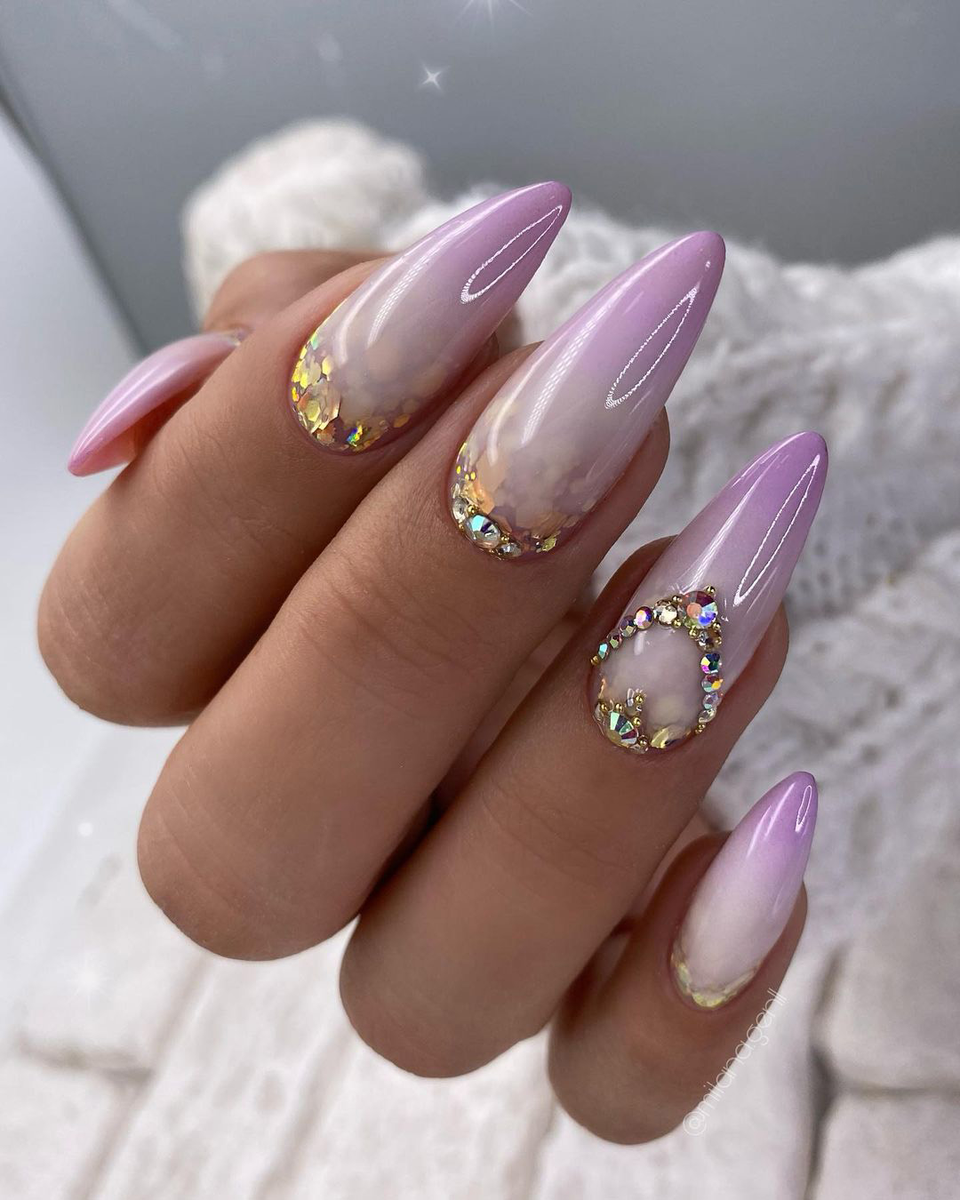 ombre wedding nails long lilac with gold glitter rhinestones milana.gen11