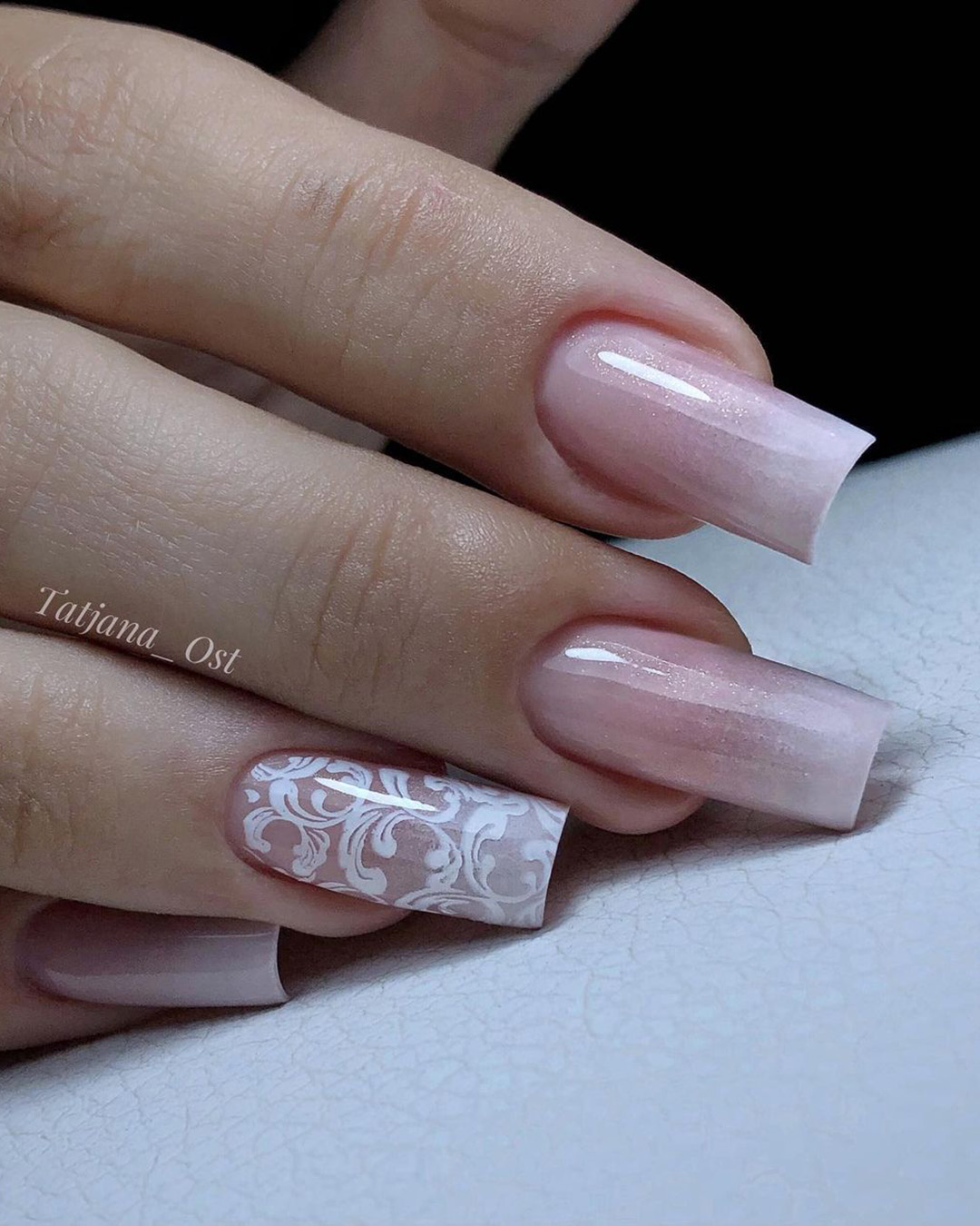 ombre wedding nails long square form with lace tatjana_ost