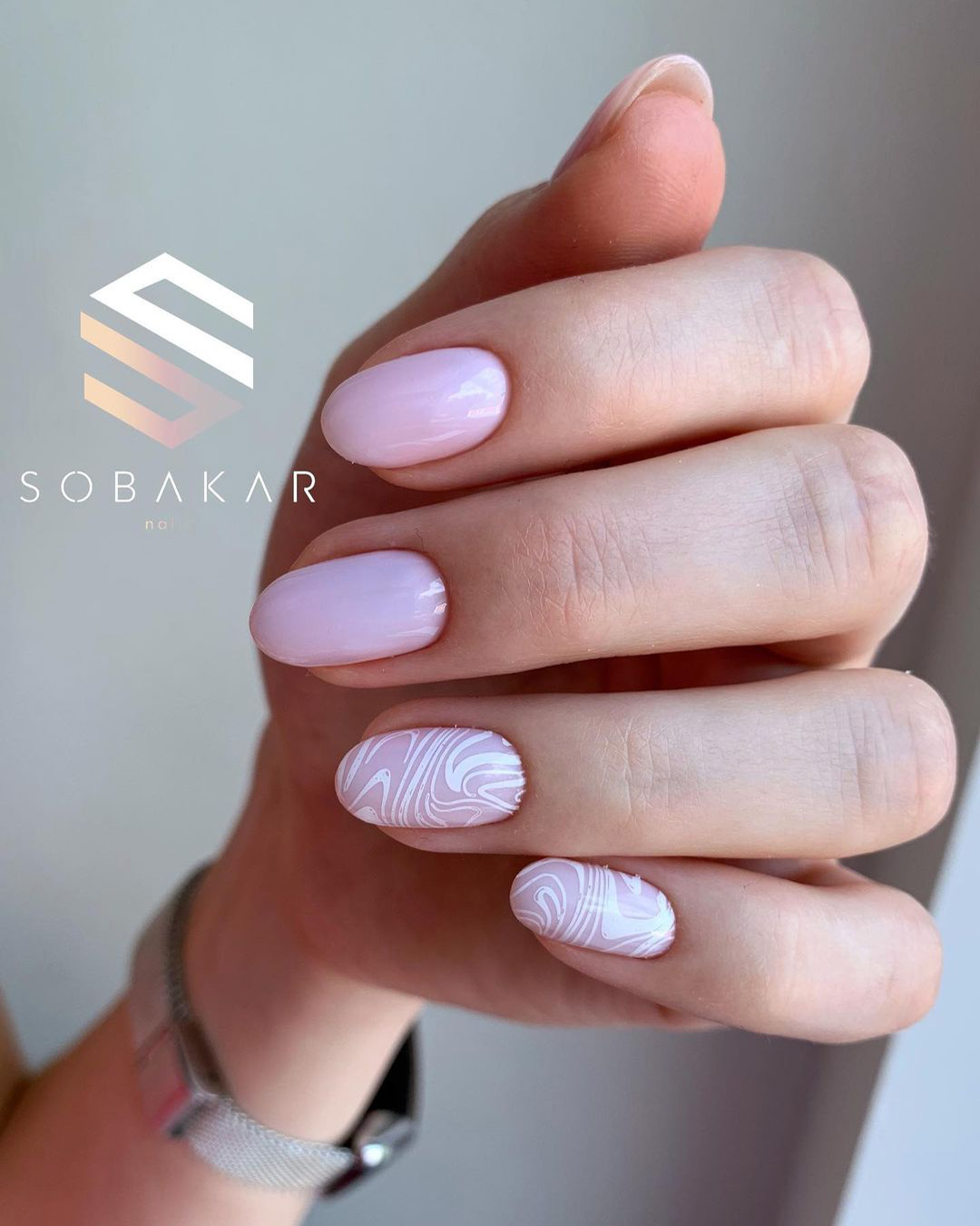 simple wedding nails light pink and white abstract sobakar_nails