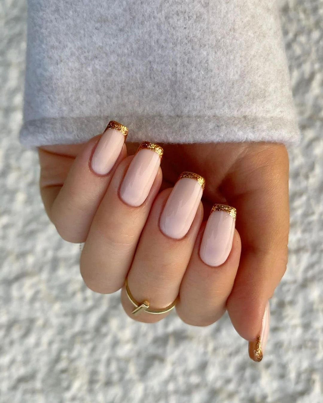 simple wedding nails long nude with gold french tip charsgelnails_