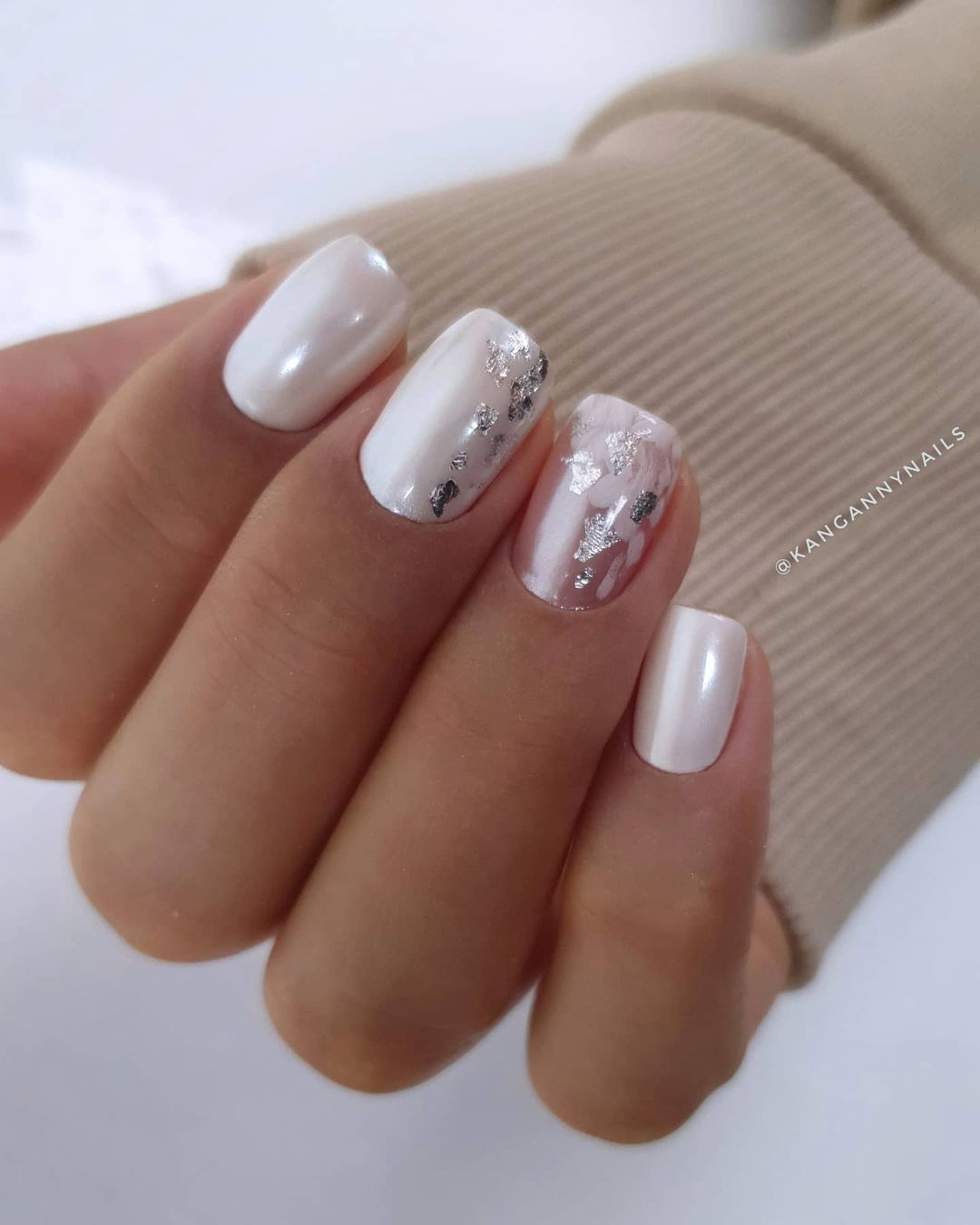 simple wedding nails simple white with foil kangannynails