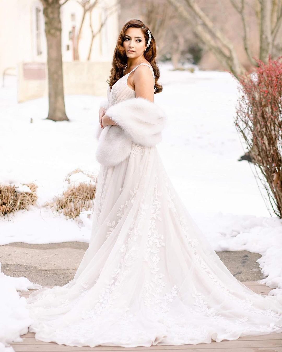 winter wedding dresses outfits a line with fur lace morilee