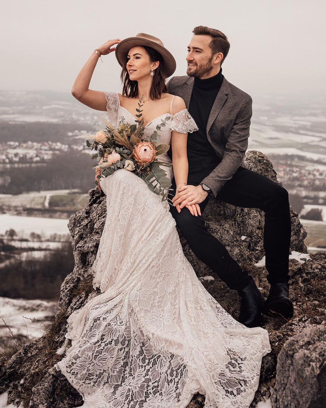 winter wedding dresses outfits boho lace with spaghetti straps with hat neonweddings