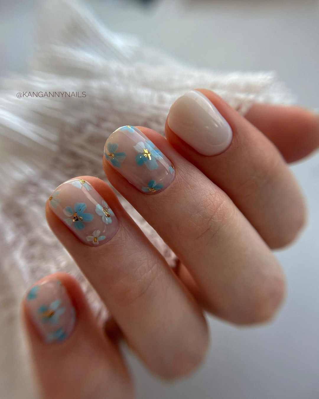 vintage wedding nails natural rustic with blue flowers kangannynails