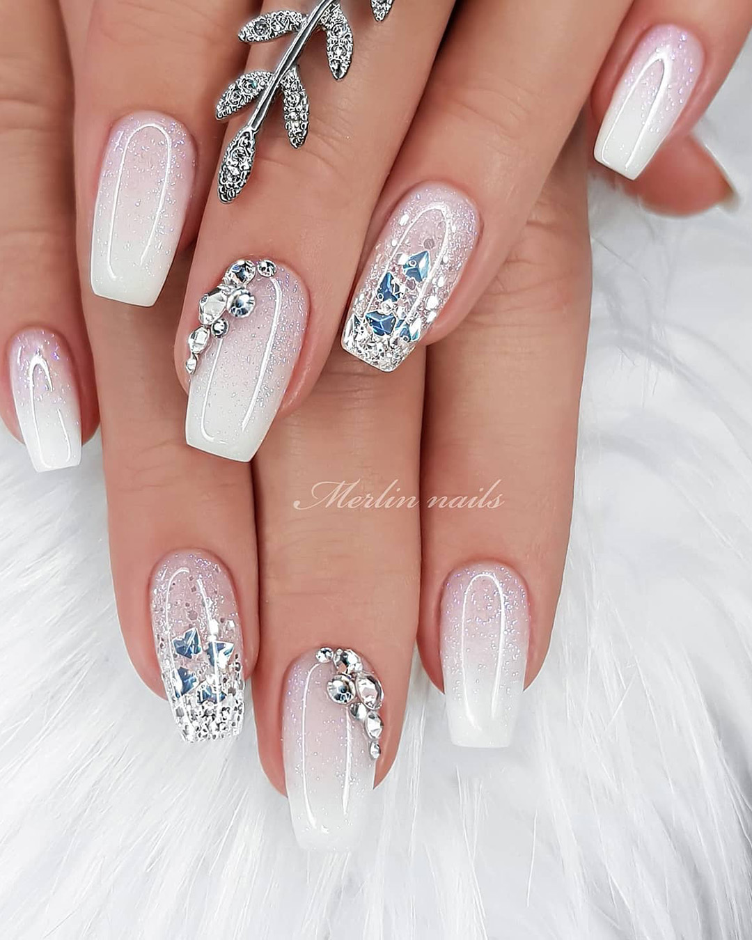 vintage wedding nails white with glitter and silver merlin_nails