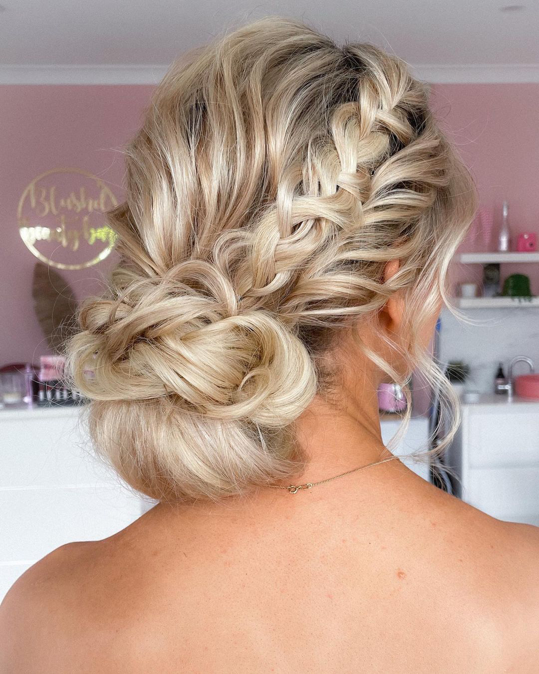 wedding hairstyles for long hair low bun with textured braid blushdbrides