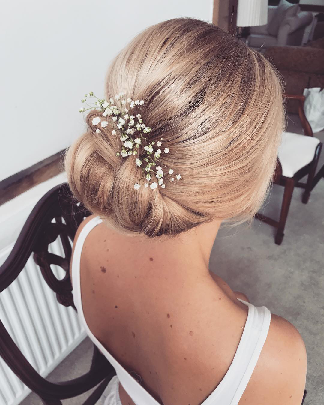wedding hairstyles for long hair low chignon with baby breath botiashairandmakeup
