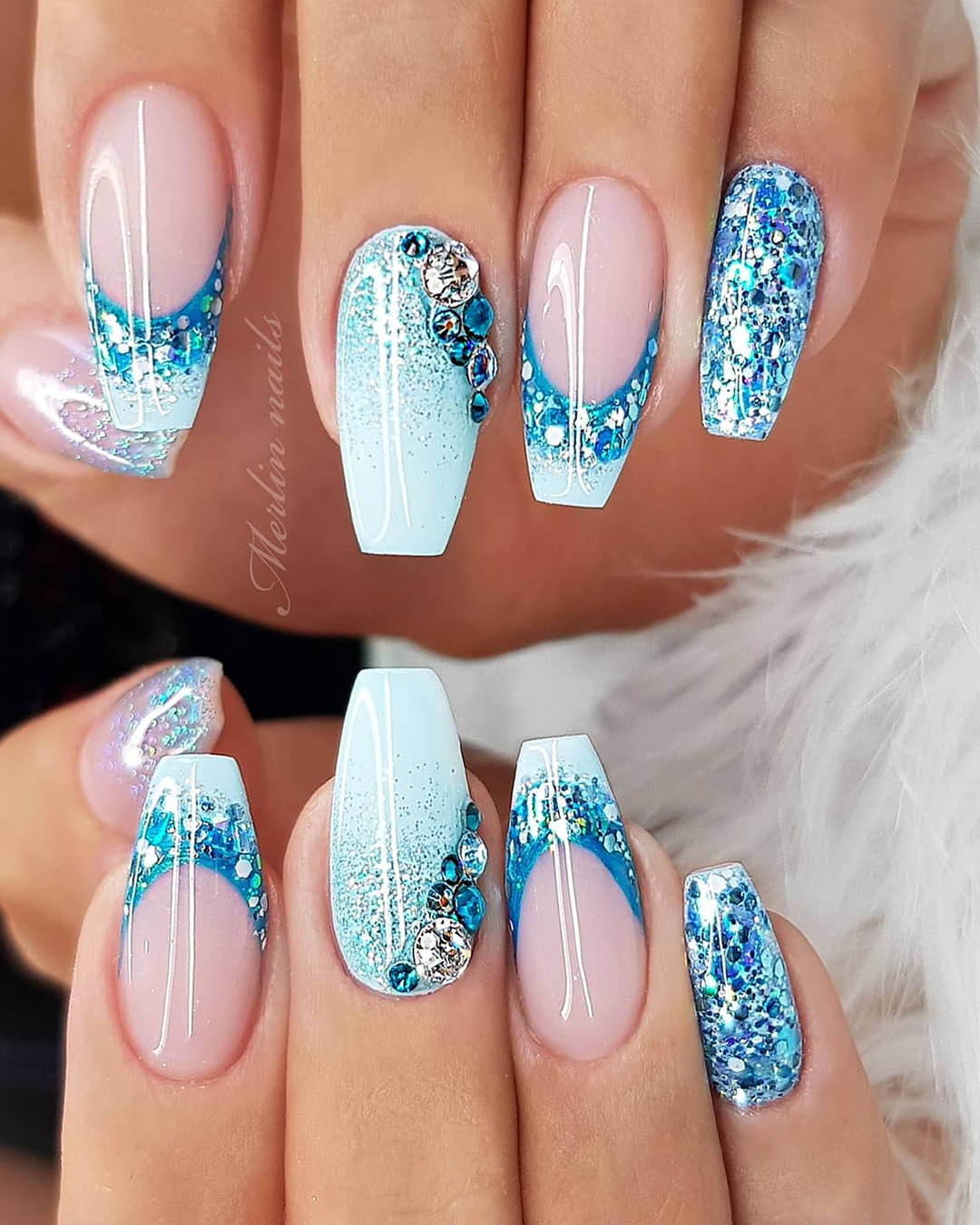 wedding nails with glitter blue with rhinestones merlin_nails
